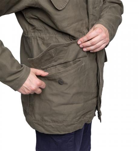 Dutch Field Jacket, Olive Green, Surplus. Lower pockets with traditional flaps and hidden buttons.